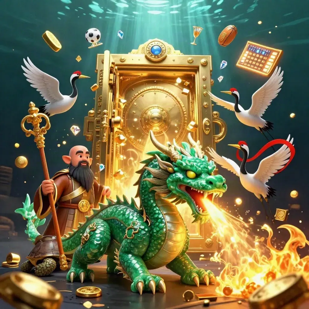 Emerald dragon, turtle sage and cranes amid gold vault, jackpot gems and balls in a neon casino blast.