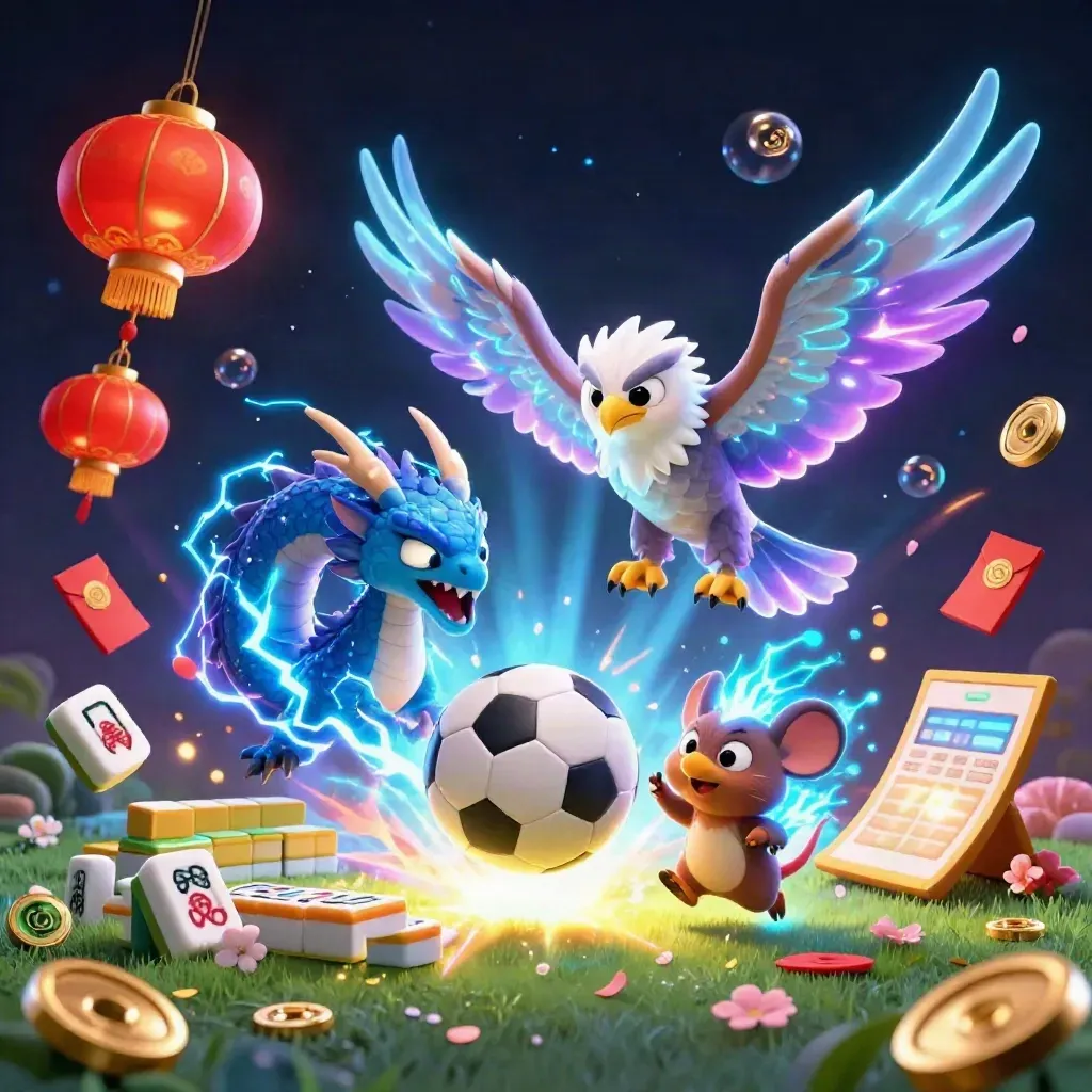 Thunder dragon, wind hawk, and static mouse amid sports balls, coins, lanterns, neon casino glow.