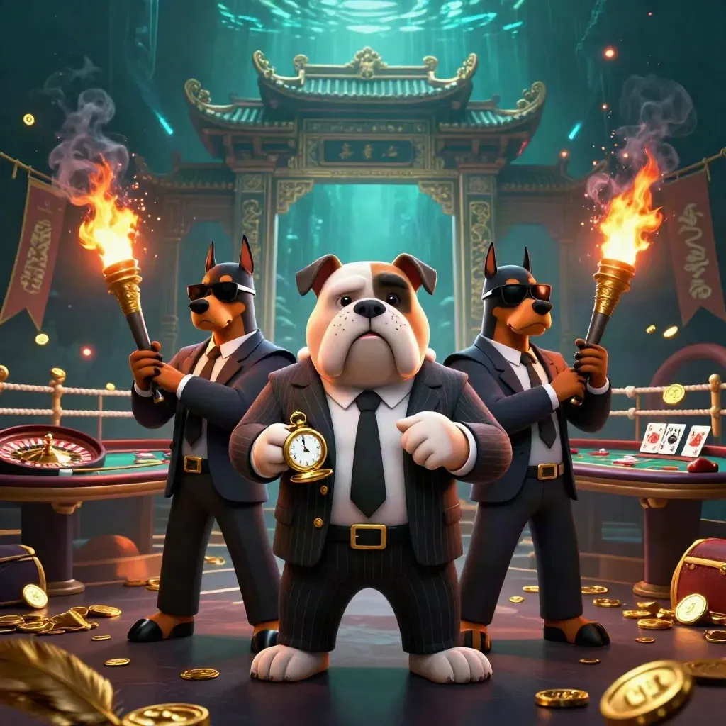 Bulldog mob boss with Dobermans amid casino relics, torches, smoke, gold, and neon glow.