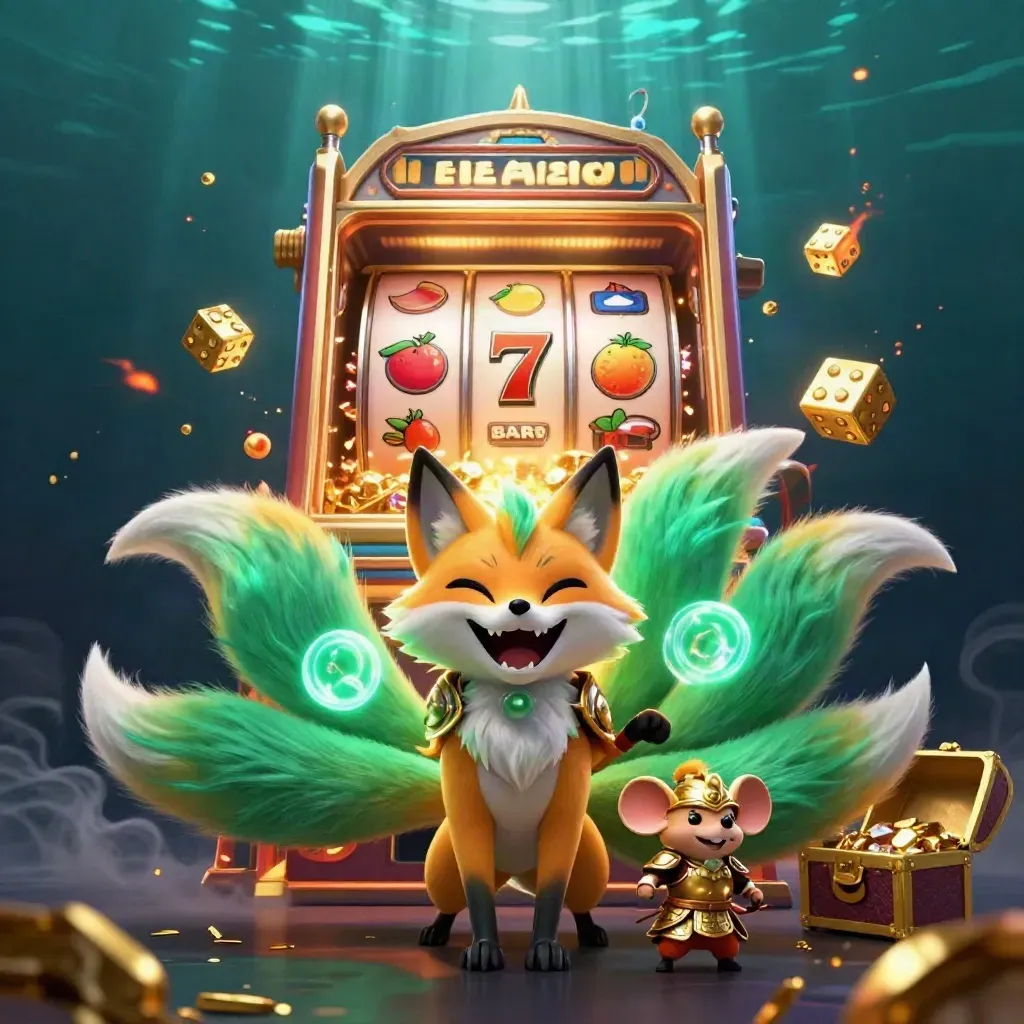Fox spirit and samurai mouse amid exploding slots, gold, gems, and neon jackpot energy.