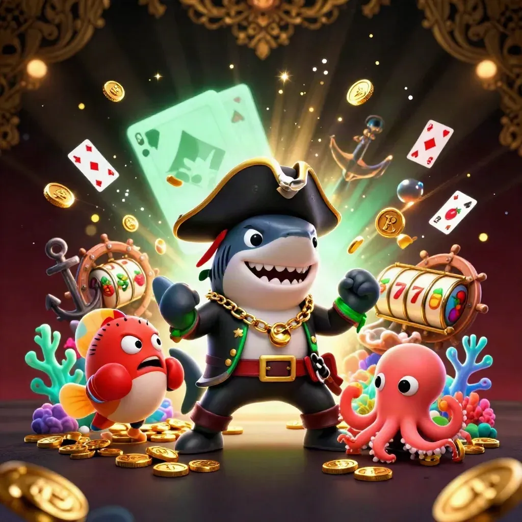 Cartoon pirate shark, boxing pufferfish, and coin-juggling octopus in a jeweled underwater jackpot cove.