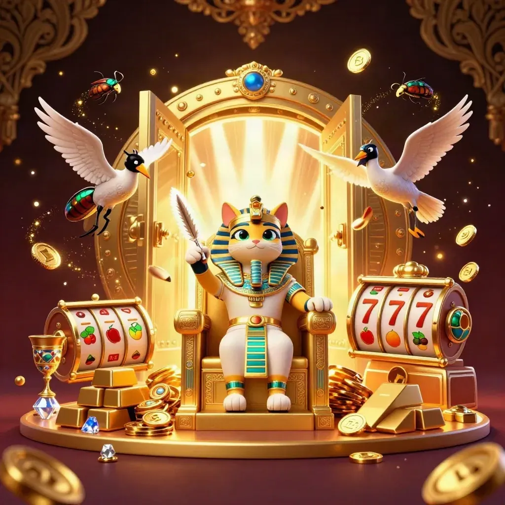 Pharaoh cat, ibis scribe, and gem-winged scarabs amid vault gold, fireworks, and casino reels.