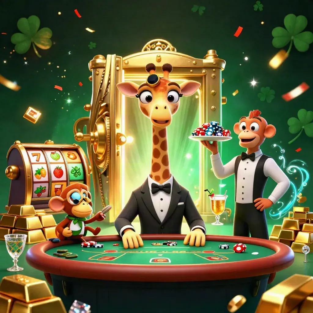 Giraffe, monkey, and chameleon casino heroes amid a glowing vault, chips, gold, and jackpot symbols.